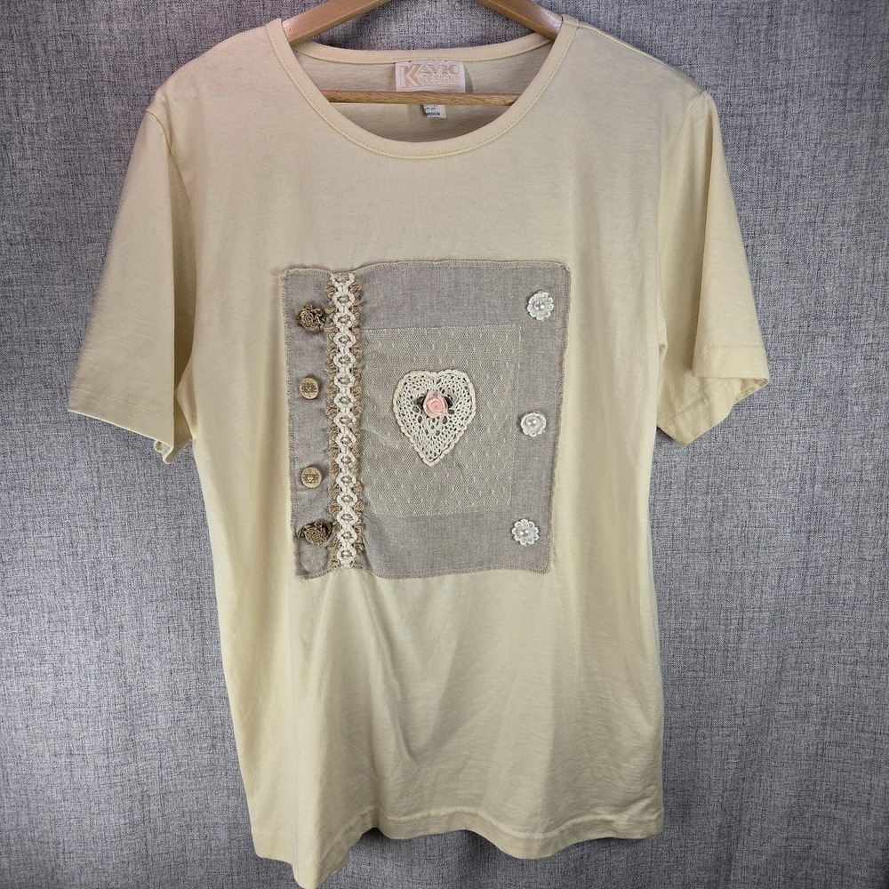 VTG Woman's Cottage Flowers Lace Crochet PETITE Medium Yellow Tshirt Country